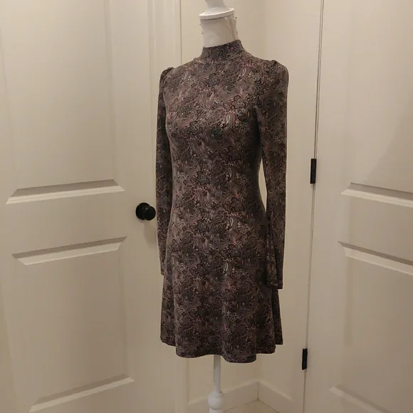 Paisley Pink/Black Soft Stretch Dress Elegant Floral Long Sleeve Dress XS - Picture 2 of 8